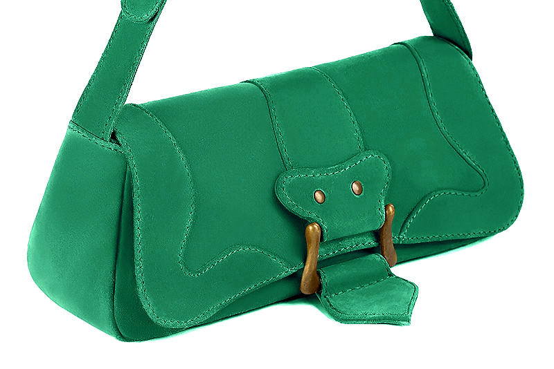 Emerald green women's dress handbag, matching pumps and belts. Front view - Florence KOOIJMAN